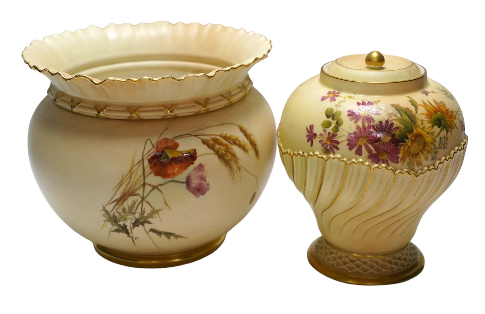 A Worcester blush ivory floral jardiniere, 1651, and a jar and cover, 1720, largest 17cm high. Condition - good, jardiniere with a chip to top rim